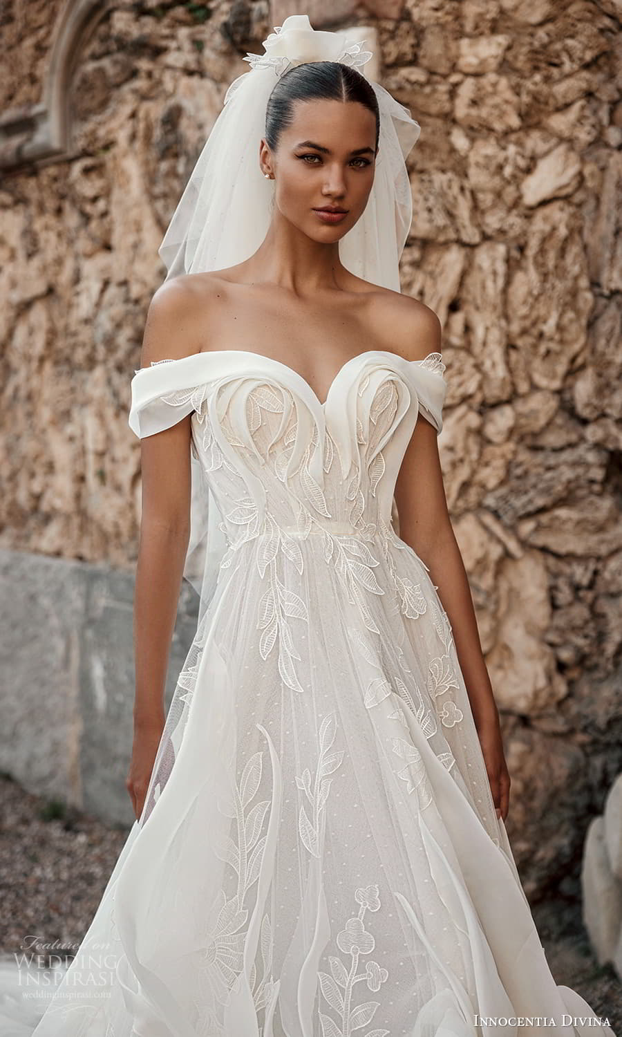 innocentia divina fall 2024 bridal off shoulder strap sweetheart neckline heavily embellished a line ball gown wedding dress chapel train veil (3) zv