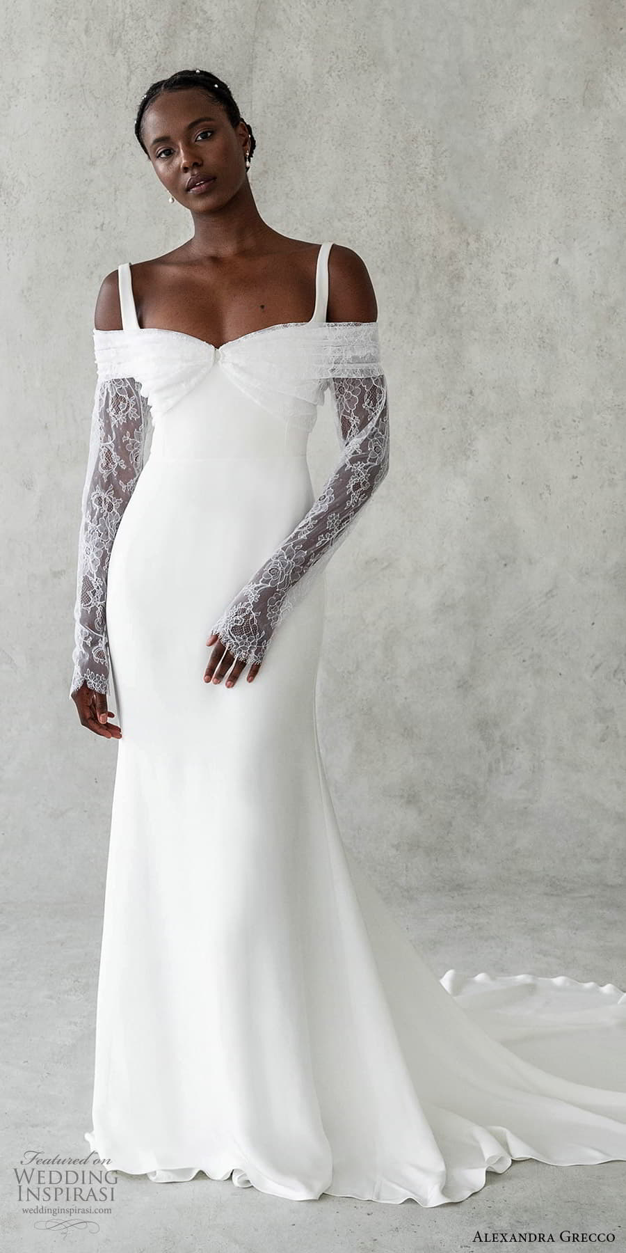 alexandra grecco 2024 bridal sleeveless thick strap semi sweetheart neckline long sleeve lace top clean minimalist sheath wedding dress chapel train (3) mv