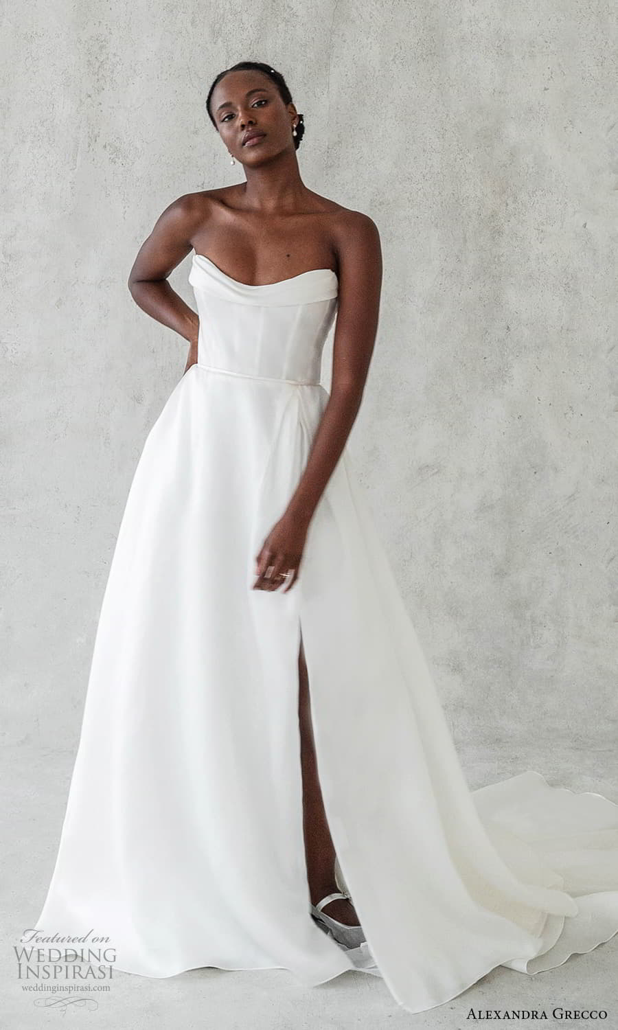 alexandra grecco 2024 bridal strapless scoop neckline clean minimalist a line ball gown wedding dress chapel train (5) mv
