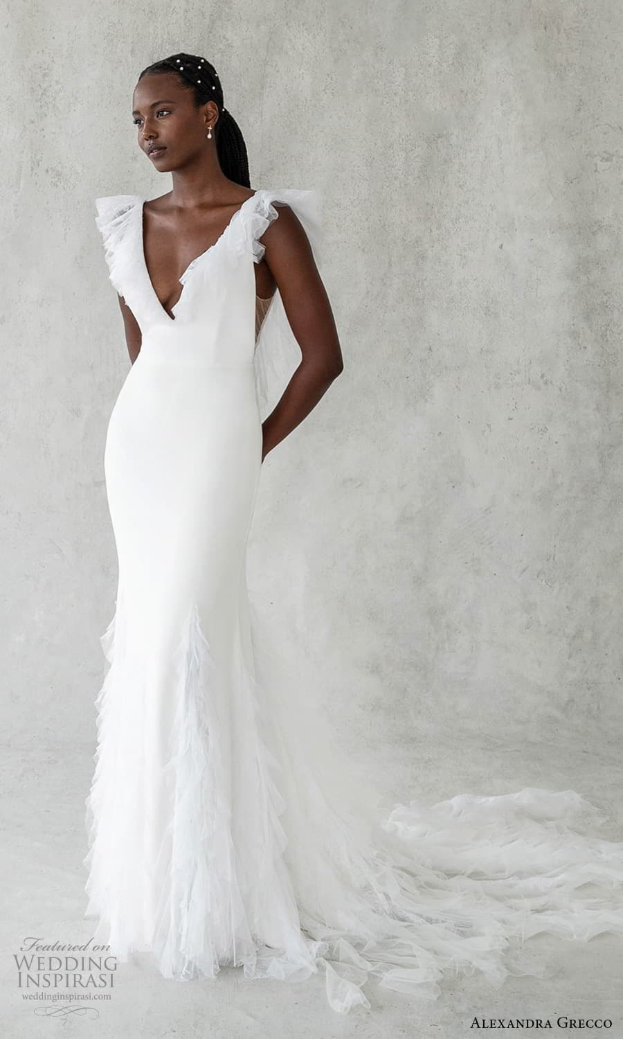 alexandra grecco 2024 bridal flutter sleeve v neckline clean minimalist sheath wedding dress chapel train (5) mv