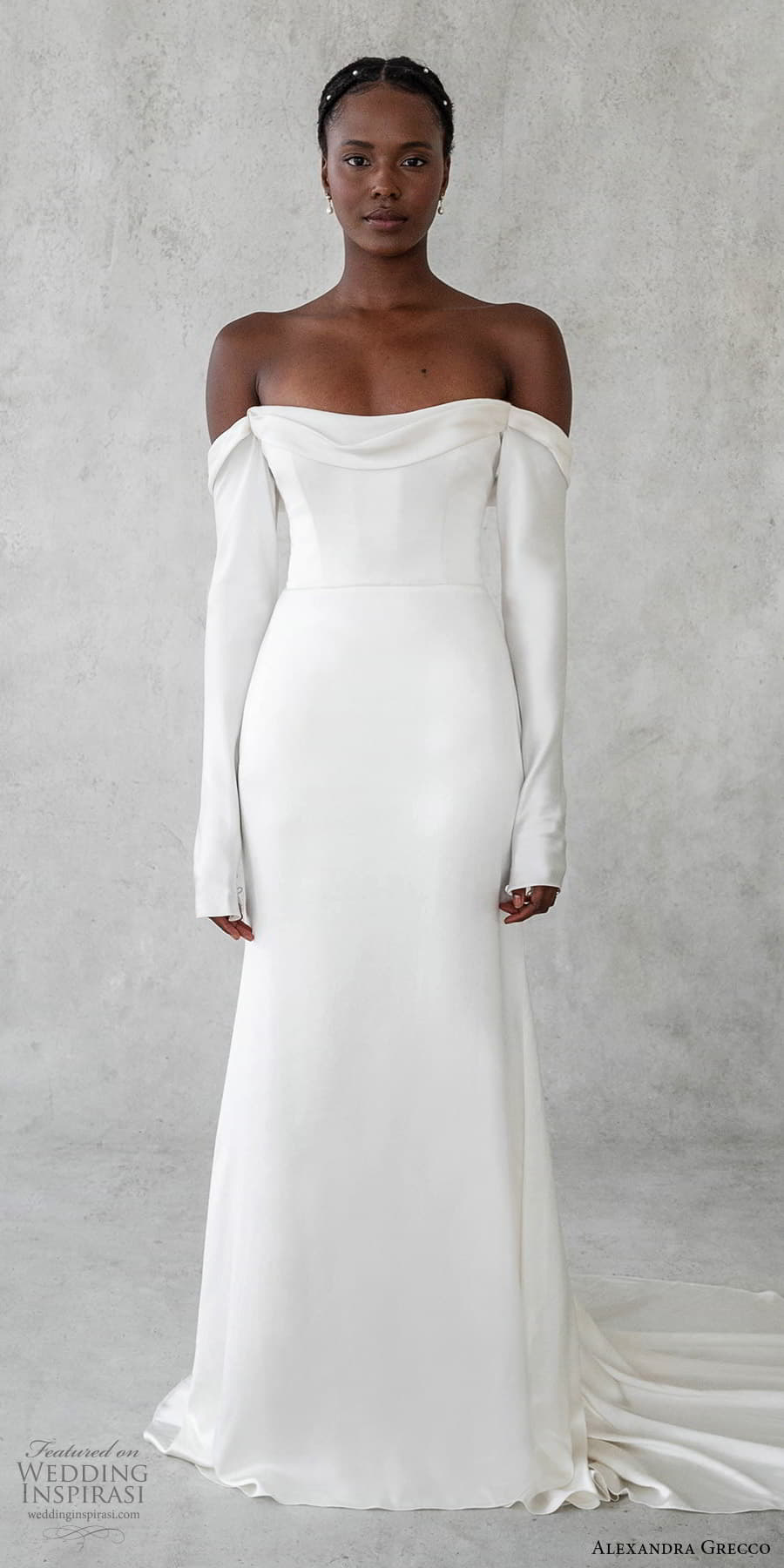 alexandra grecco 2024 bridal off shoulder long sleeve strapless semi scoop clean minimalist a line sheath wedding dress chapel train (7) mv