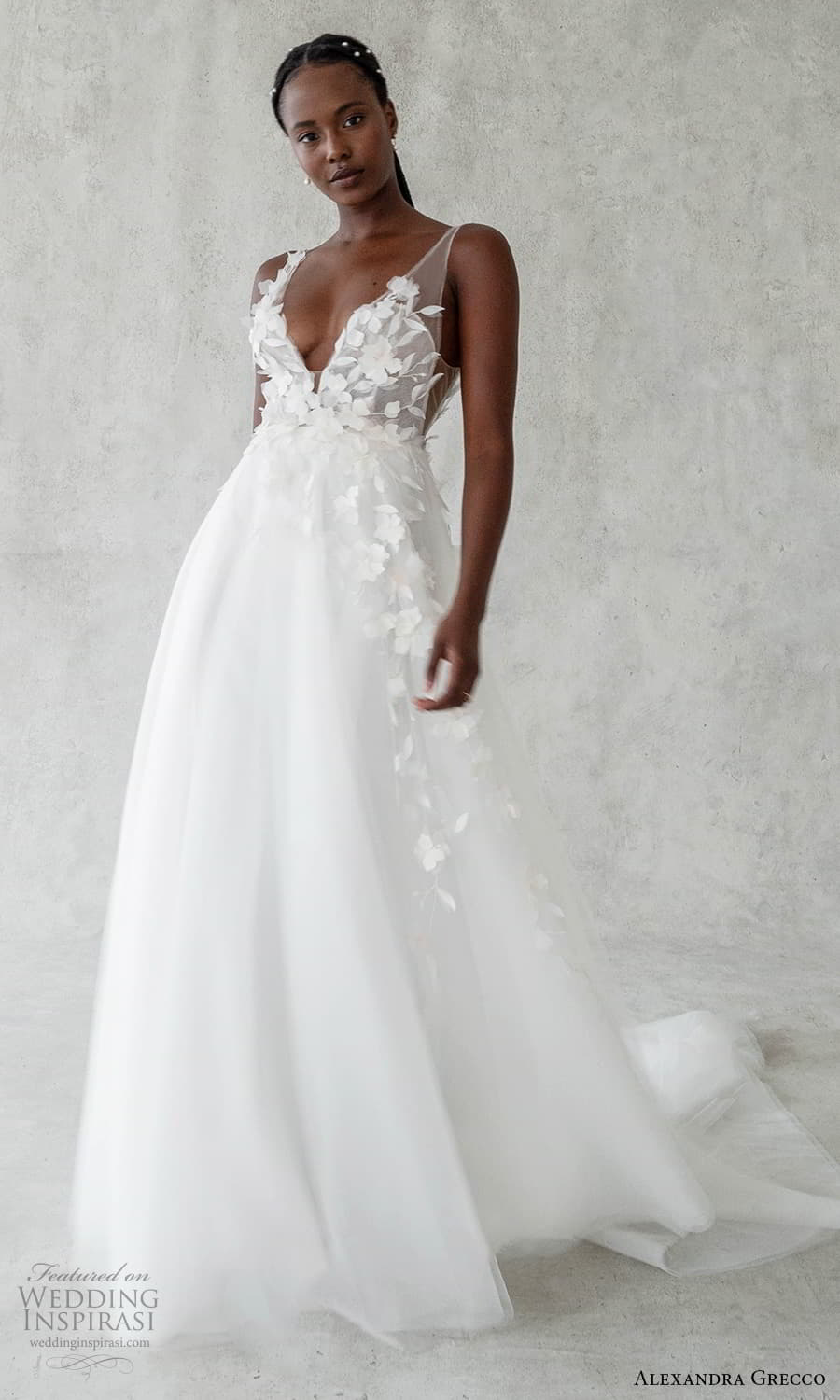 alexandra grecco 2024 bridal sleeveless sheer strap plunging v neckline embellished bodice a line ball gown wedding dress chapel train (8) mv