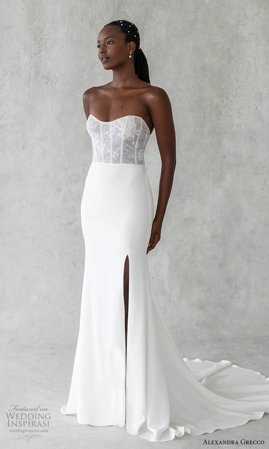 alexandra grecco 2024 bridal strapless sweetheart neckline embellished lace corset bodice clean skirt sheath wedding dress slit skirt chapel train (9) mv