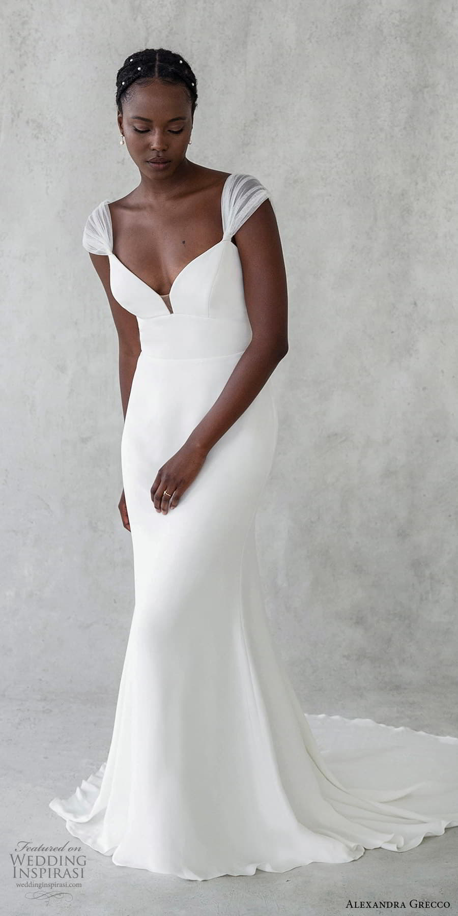 alexandra grecco 2024 bridal sheer cap sleeves sweetheart neckline clean minimalist sheath wedding dress chapel train (11) mv
