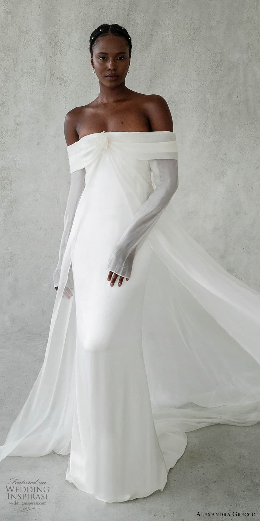 alexandra grecco 2024 bridal off shoulder long sleeve strapless straight across clean minimalist a line sheath wedding dress chapel train (12) mv