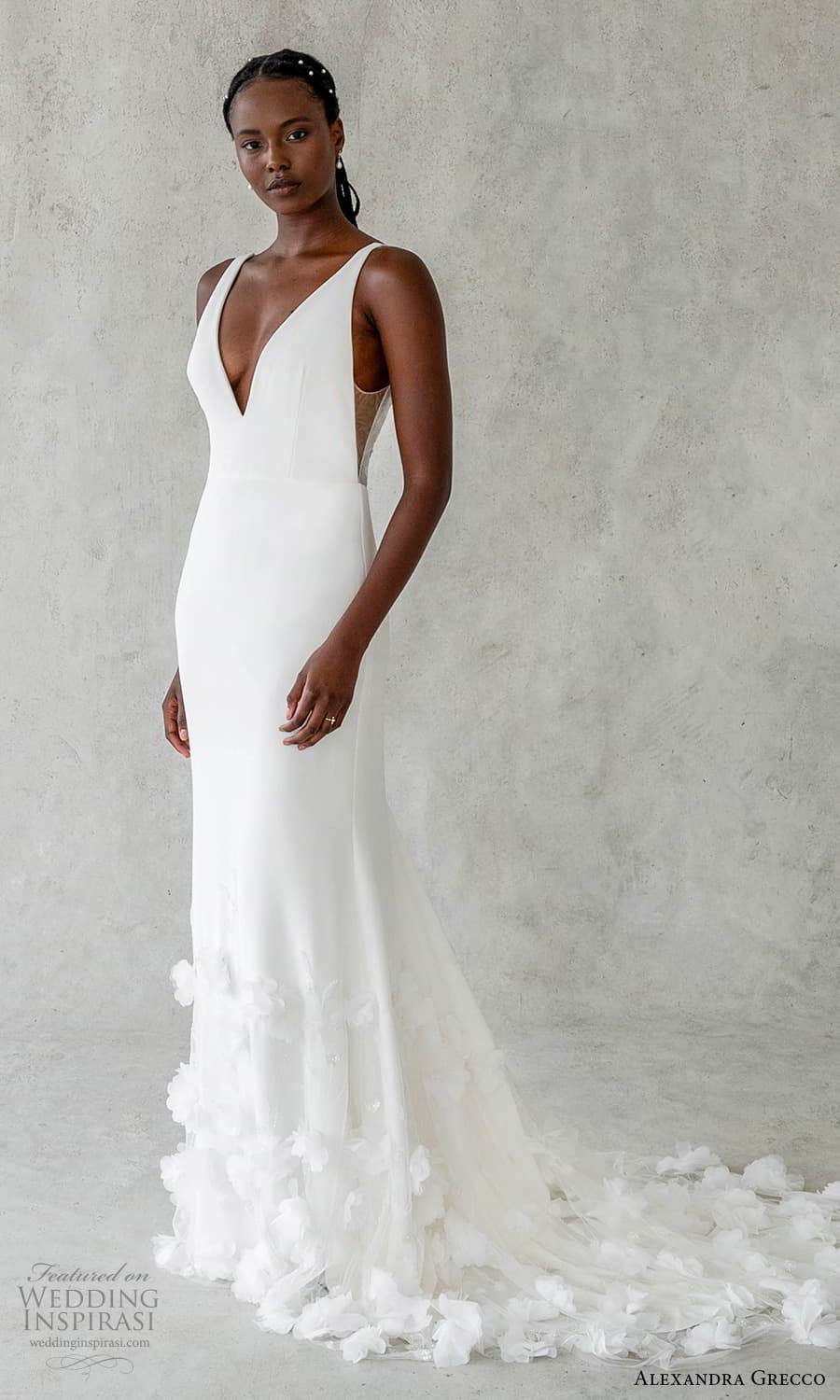 alexandra grecco 2024 bridal sleeveless strap v neckline clean minimalist fit flare mermaid sheath wedding dress chapel train (13) mv