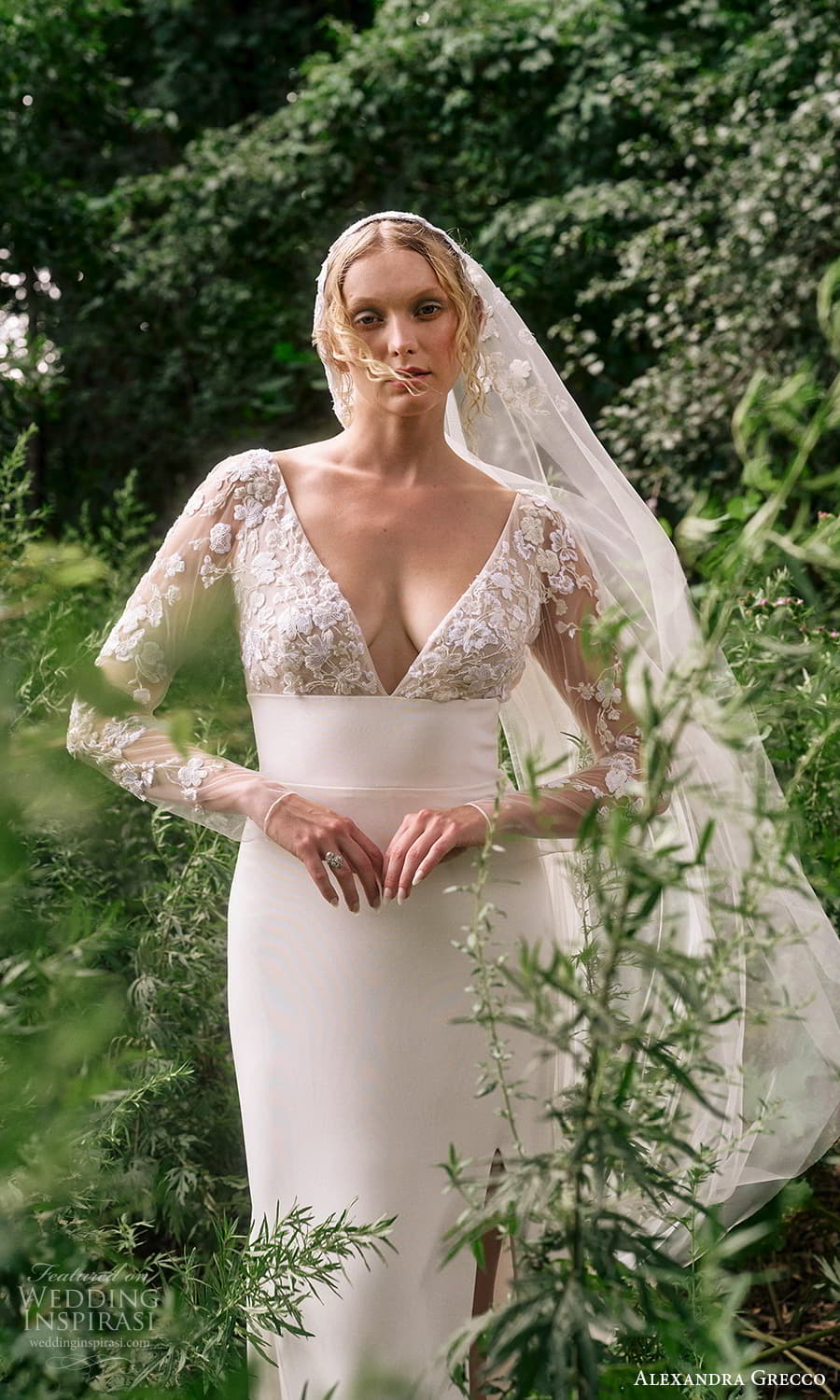 alexandra grecco 2024 bridal sheer long sleeve v neckline clean skirt empire waist wedding dress chapel train (19) mv
