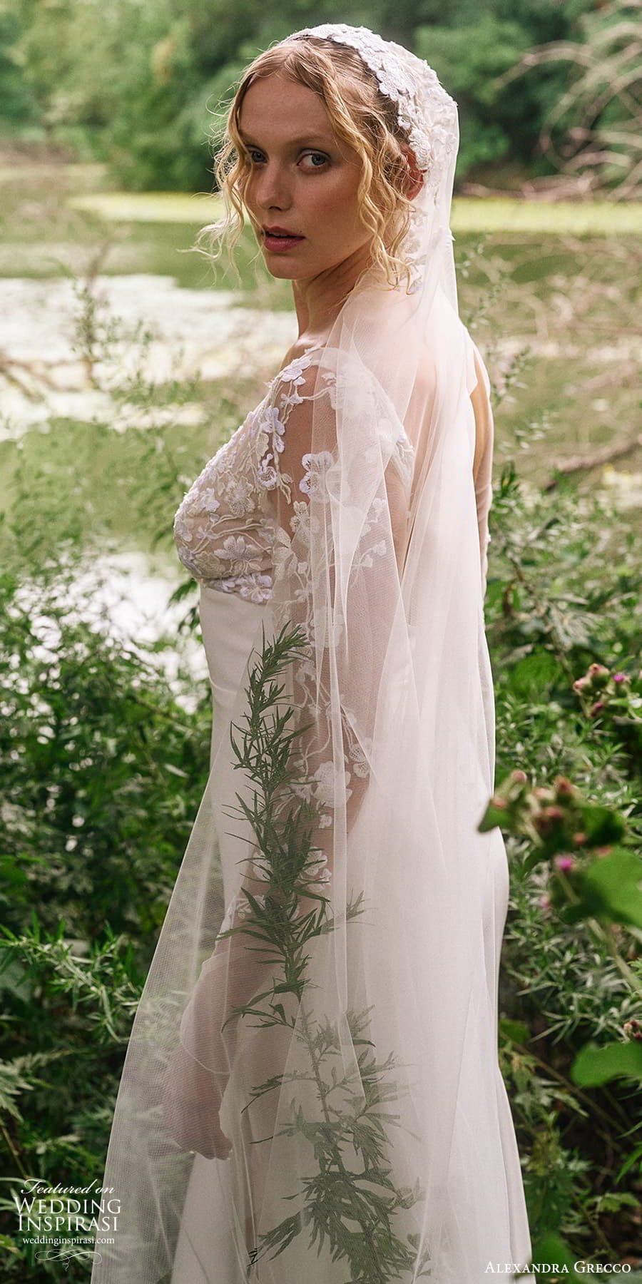 alexandra grecco 2024 bridal sheer long sleeve v neckline clean skirt empire waist wedding dress chapel train (19) bv