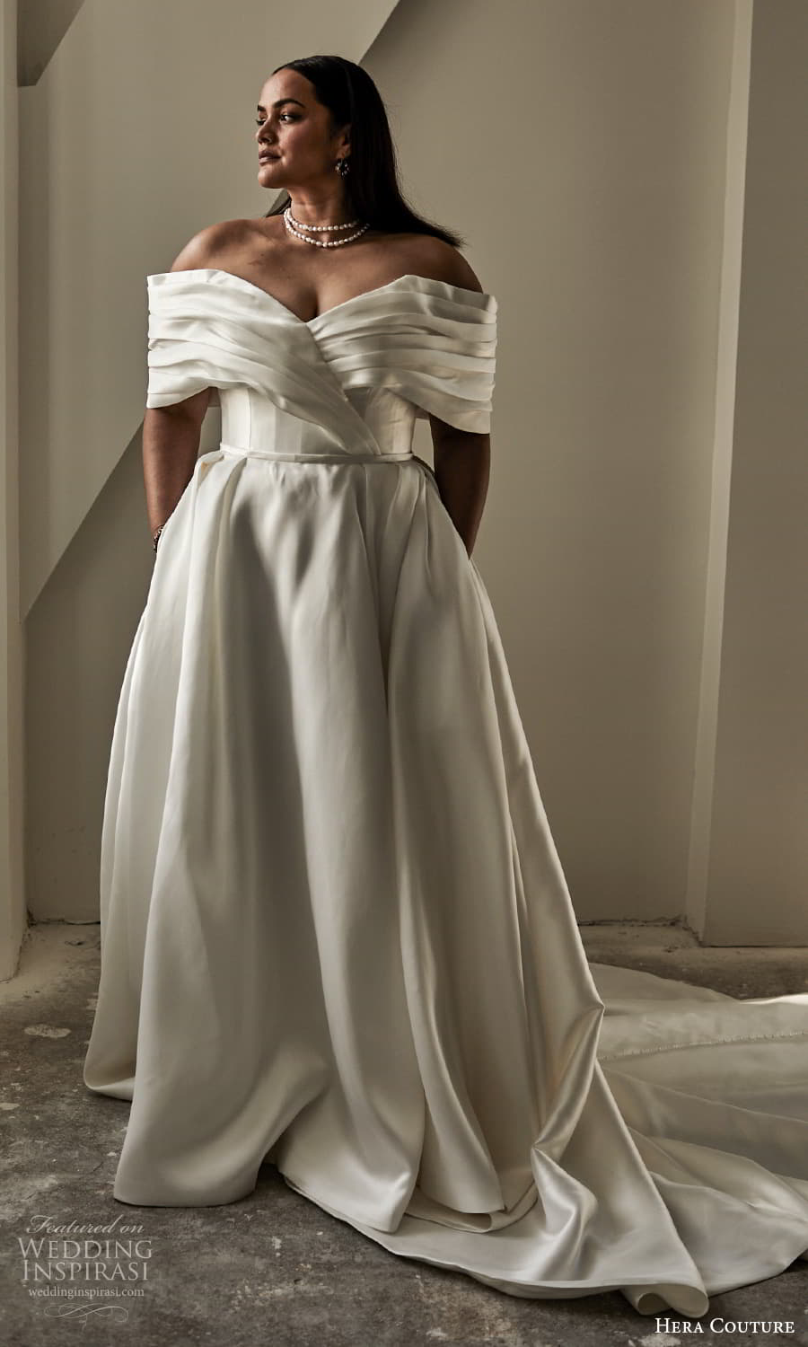 hera couture 2024 bridal off shoulder sleeve portrait neckline pleated bodice clean minimalist a line ball gown wedding dress chapel train (2) mv