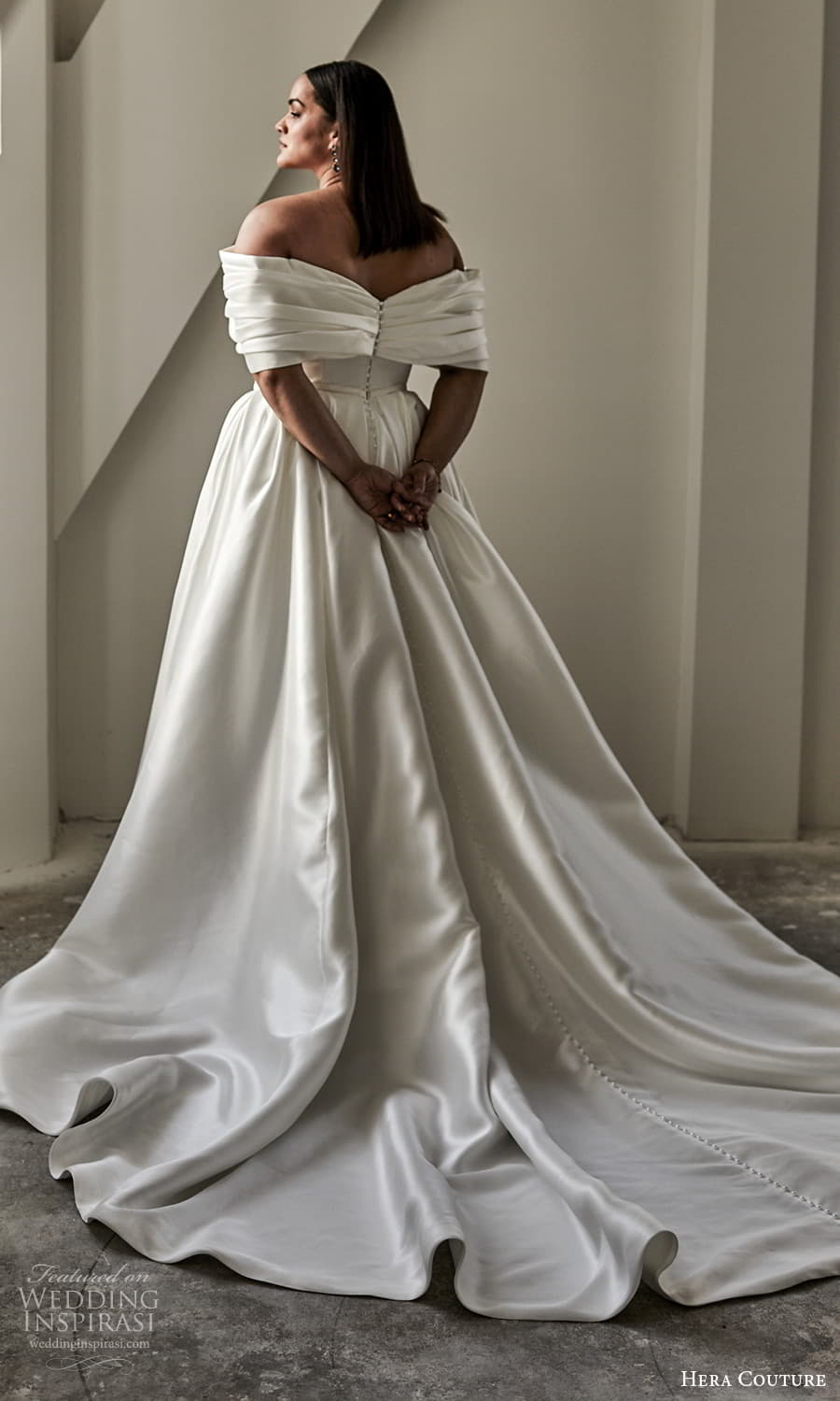 hera couture 2024 bridal off shoulder sleeve portrait neckline pleated bodice clean minimalist a line ball gown wedding dress chapel train (2) bv