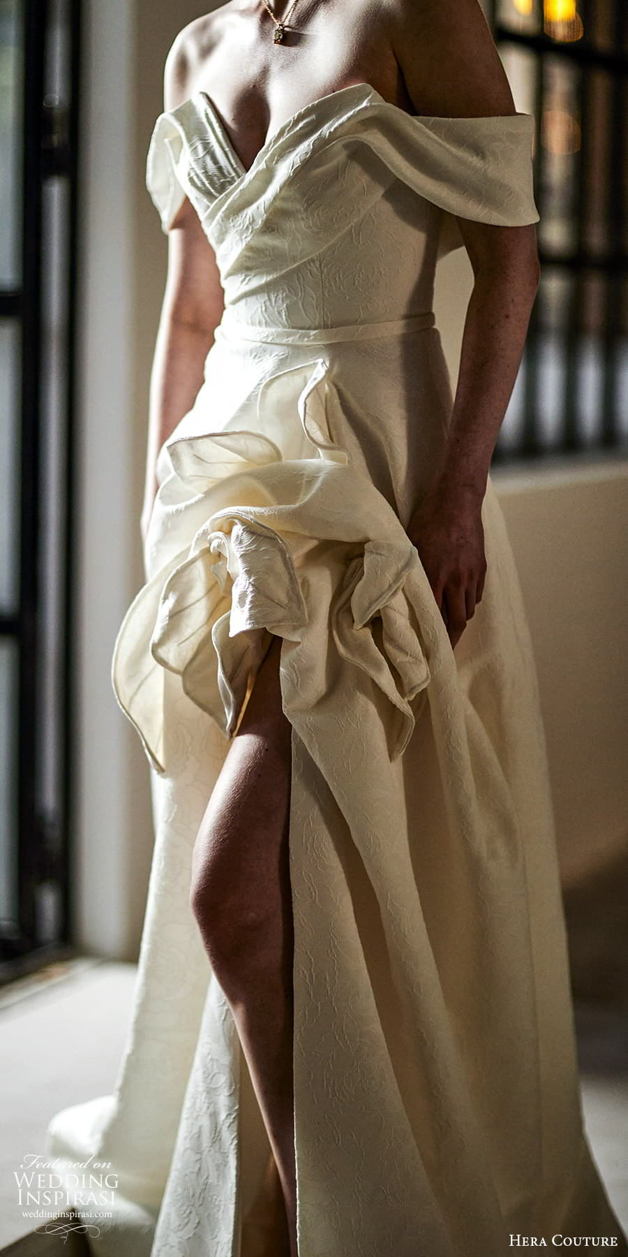 hera couture 2024 bridal off shoulder strap swag sleeve sweetheart neckline slit skirt a line wedding dress chapel train (9) lv
