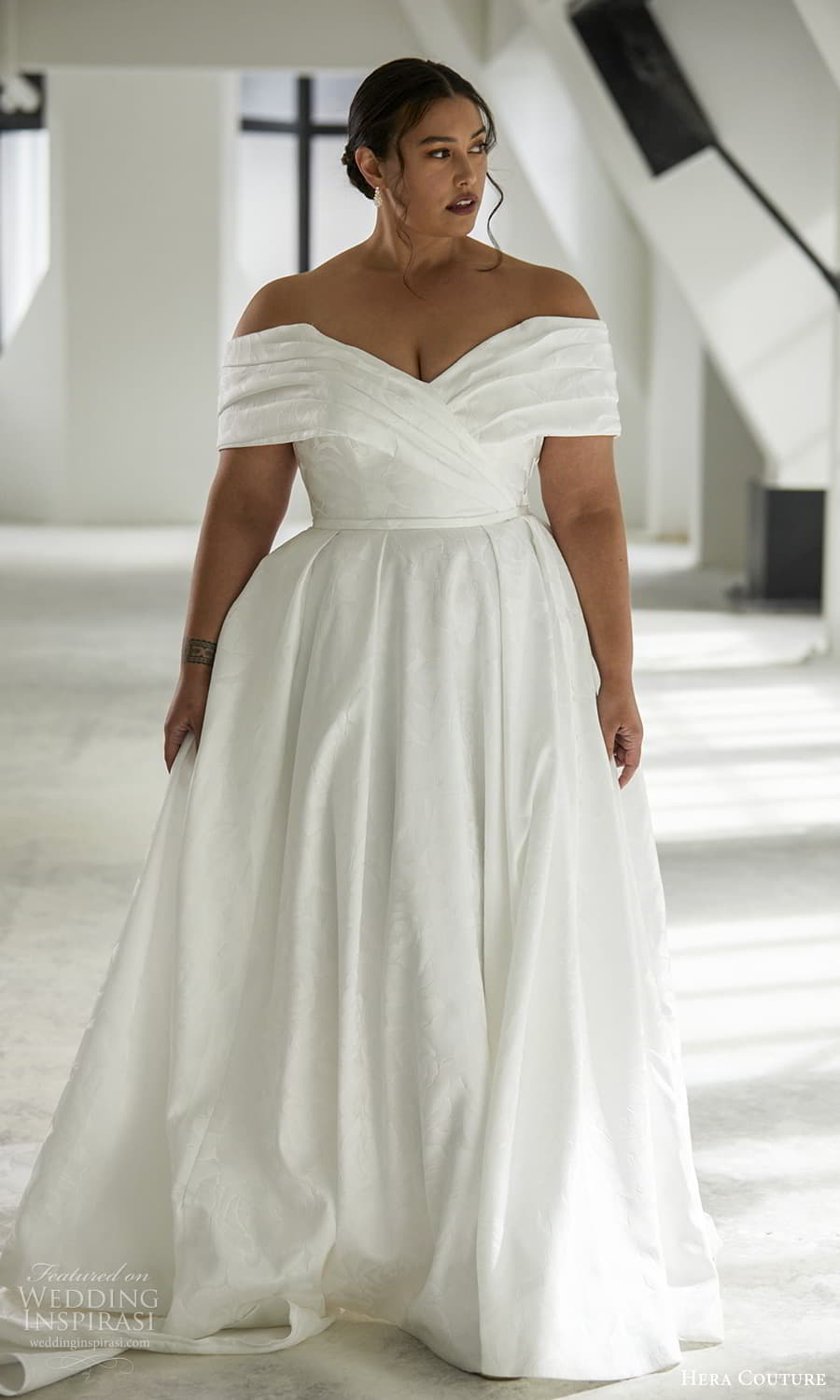 hera couture 2024 bridal off shoulder sleeve portrait neckline pleated bodice clean minimalist a line ball gown wedding dress chapel train brocade (2) fv