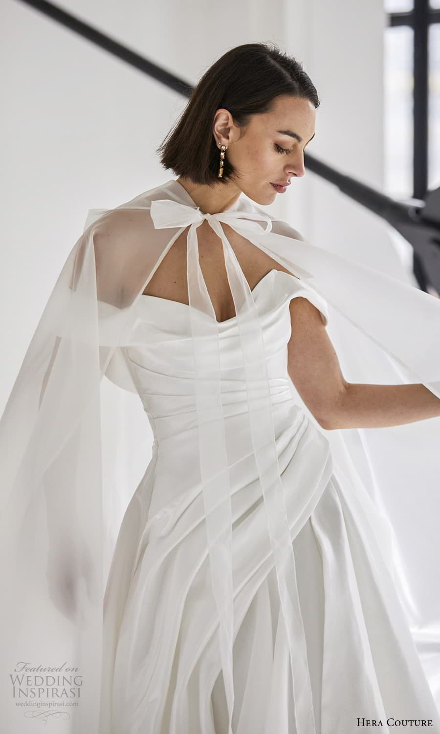 hera couture 2024 bridal sheer cape off shoulder strap swag sleeve sharp sweetheart neckline pleated bodice a line ball gown slit skirt wedding dress chapel train (11) mv