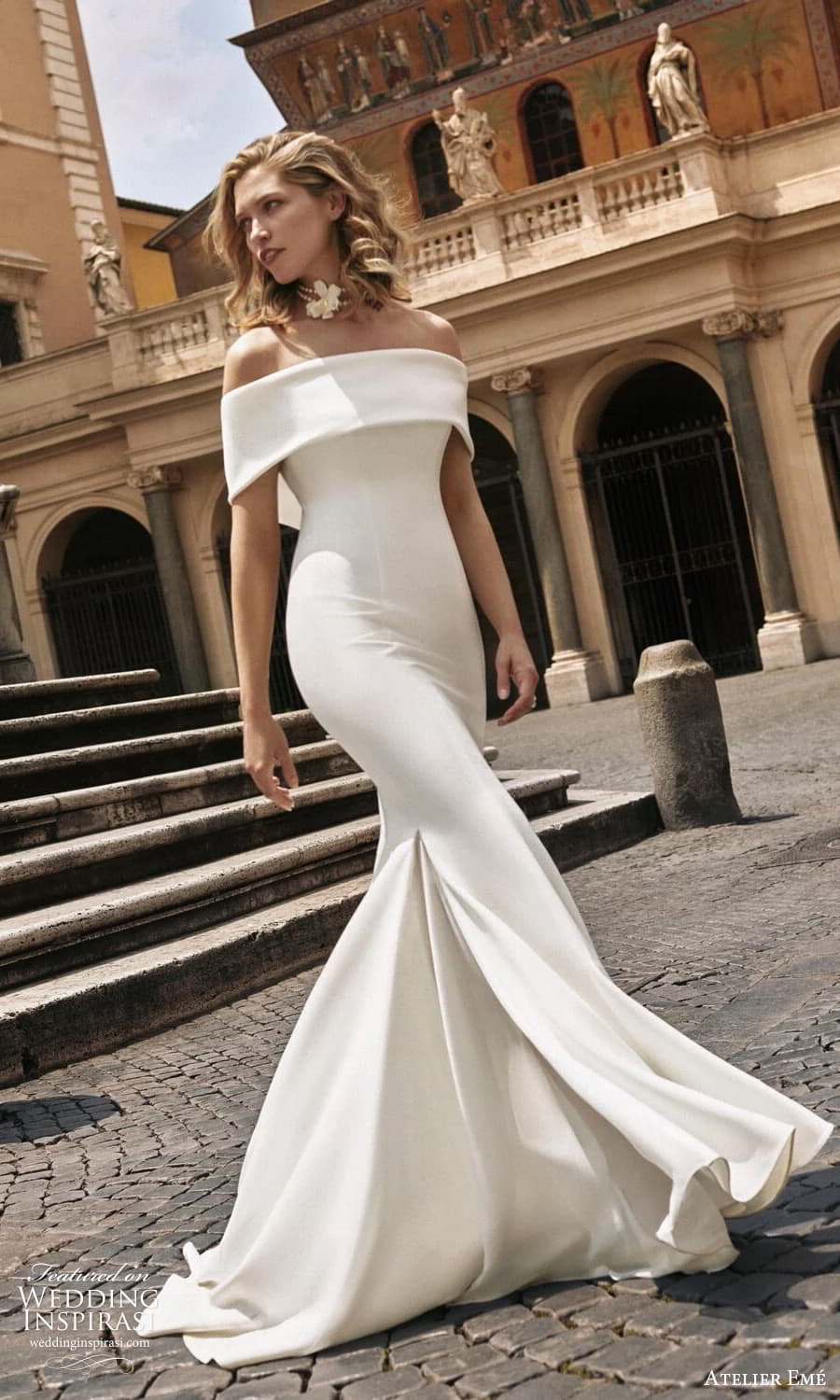 atelier eme 2024 bridal off shoulder sleeve straight across neckline clean minimalist sheath wedding drss chapel train (2) mv