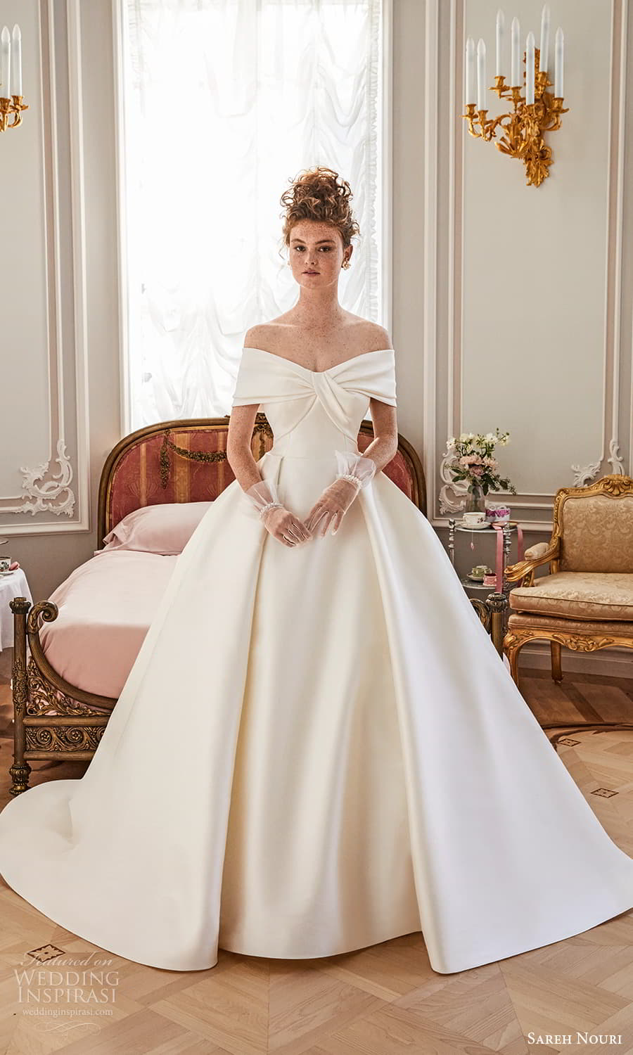 sareh nouri fall 2024 bridal off shoulder sleeve clean minimalist a line ball gown wedding dress chapel train (2) mv