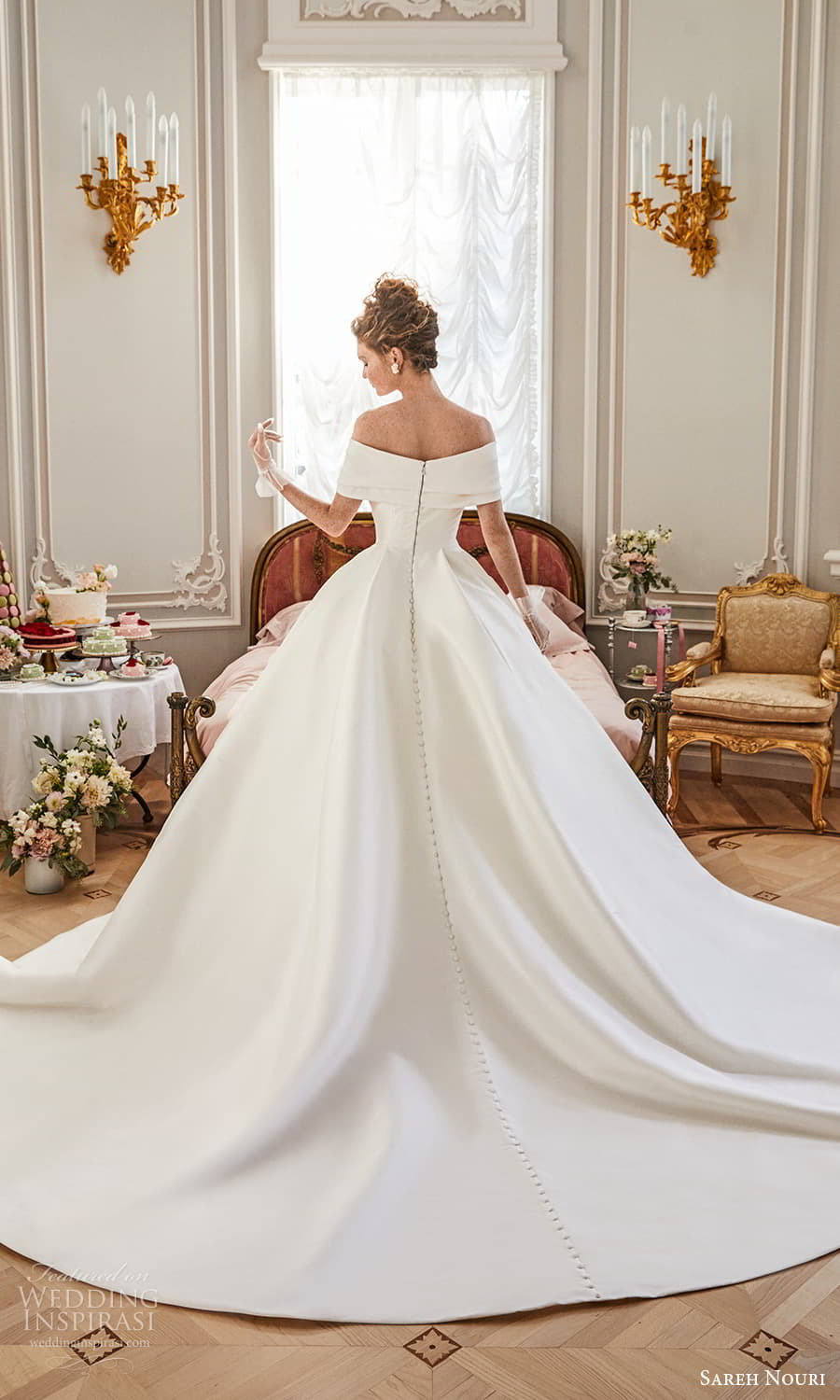 sareh nouri fall 2024 bridal off shoulder sleeve clean minimalist a line ball gown wedding dress chapel train (2) bv