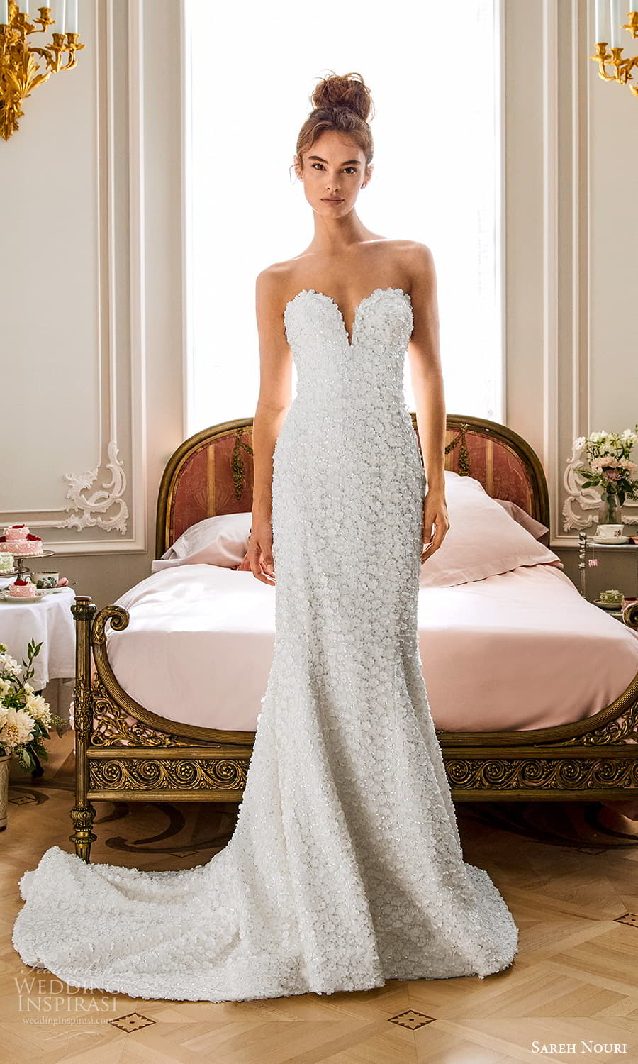 sareh nouri fall 2024 bridal strapless sweetheart neckline embellished sheath wedding dress chapel train (6) mv