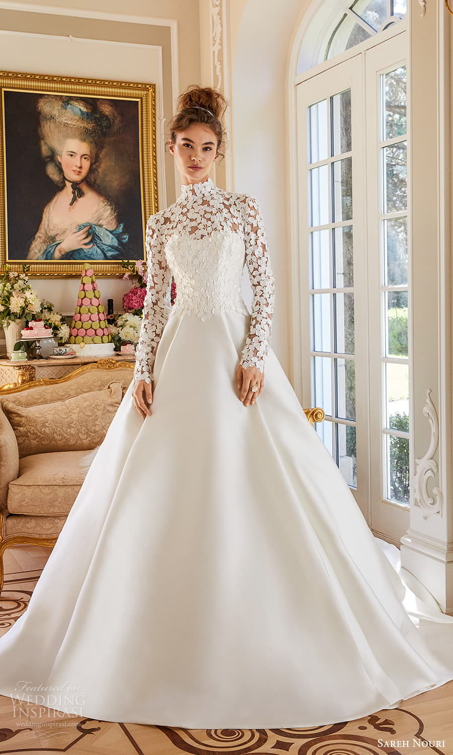 sareh nouri fall 2024 bridal sheer long sleeve high neckline clean skirt a line ball gown wedding dress chapel train (8) mv
