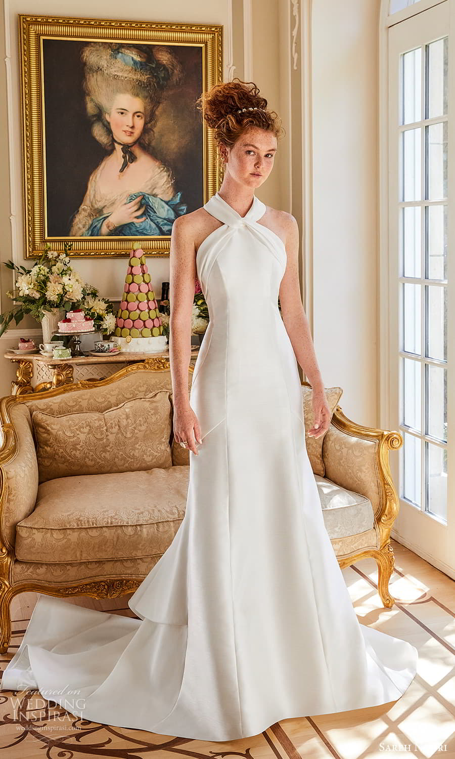 sareh nouri fall 2024 bridal sleeveless halter neckline clean minimalist fit flare a line wedding dress chapel train (10) mv
