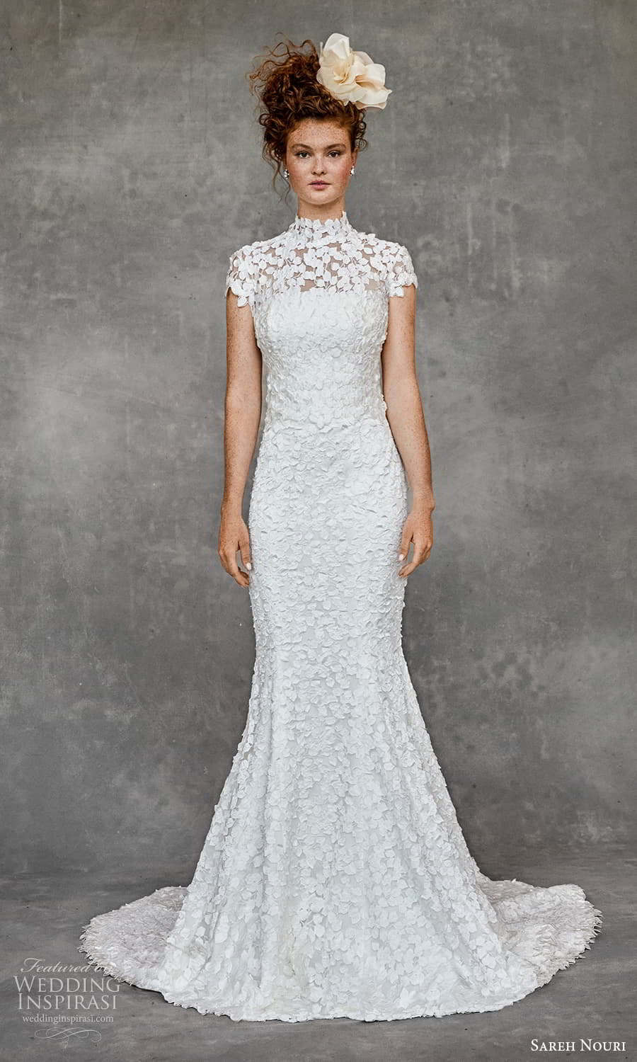 sareh nouri fall 2024 bridal sheer short sleeve high neckline fully embellished fit flare wedding dress chapel train (13) mv