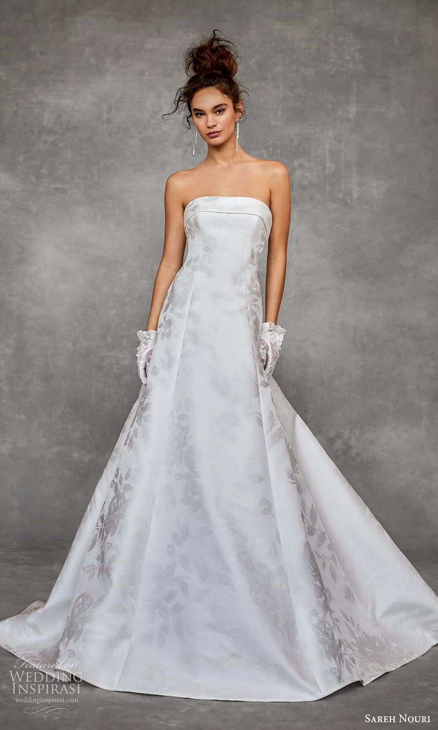sareh nouri fall 2024 bridal strapless straight across neckline fit flare a line wedding dress chapel train (14) mv