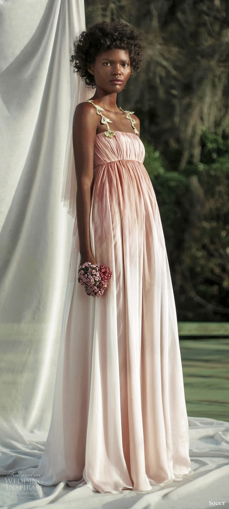 soucy 2024 bridal sleeveless beaded straps straight across neckline empire waist wedding dress chapel train ombre pink green color (8) mv