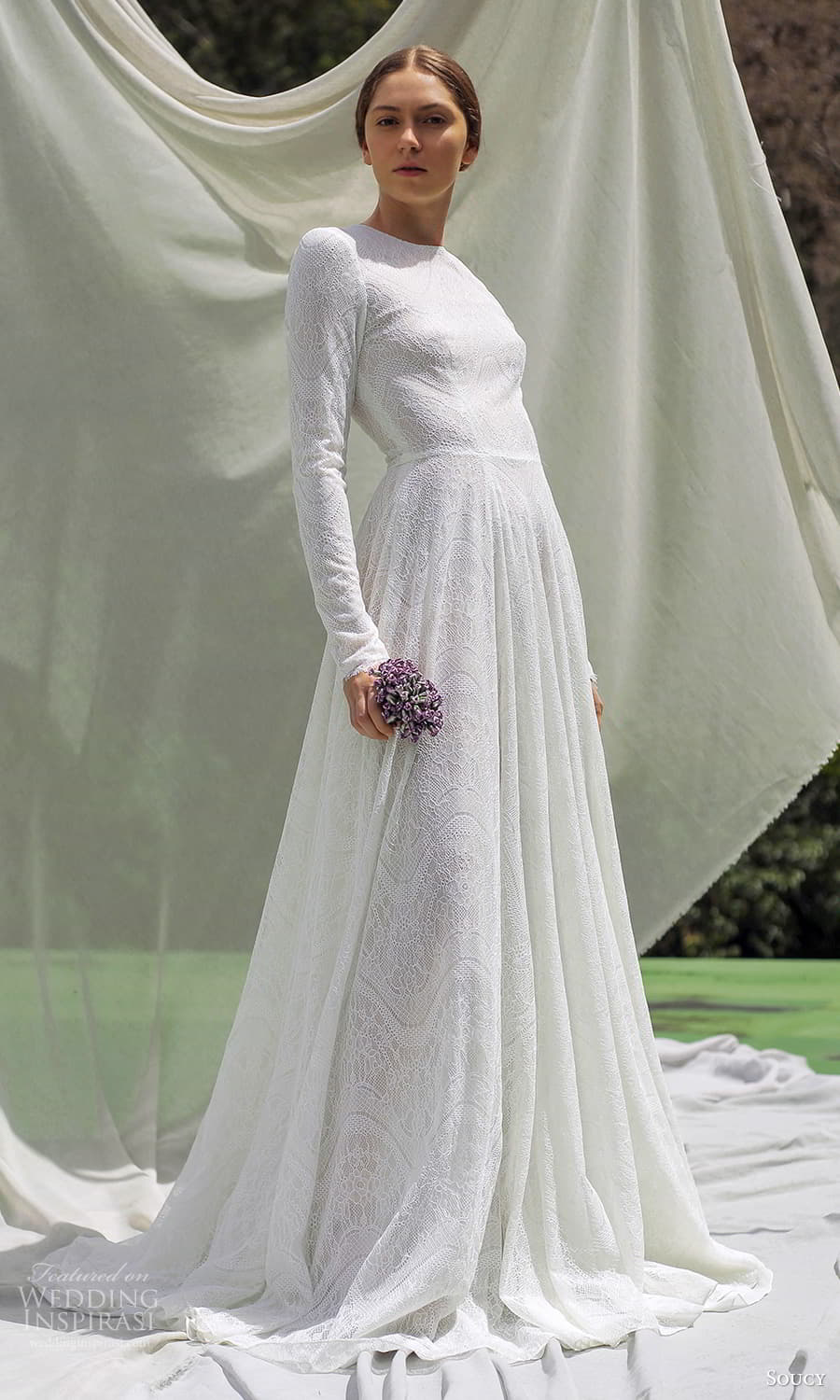 soucy 2024 bridal long sleeve jewel neckline textured a line modest wedding dress chapel train (9) mv