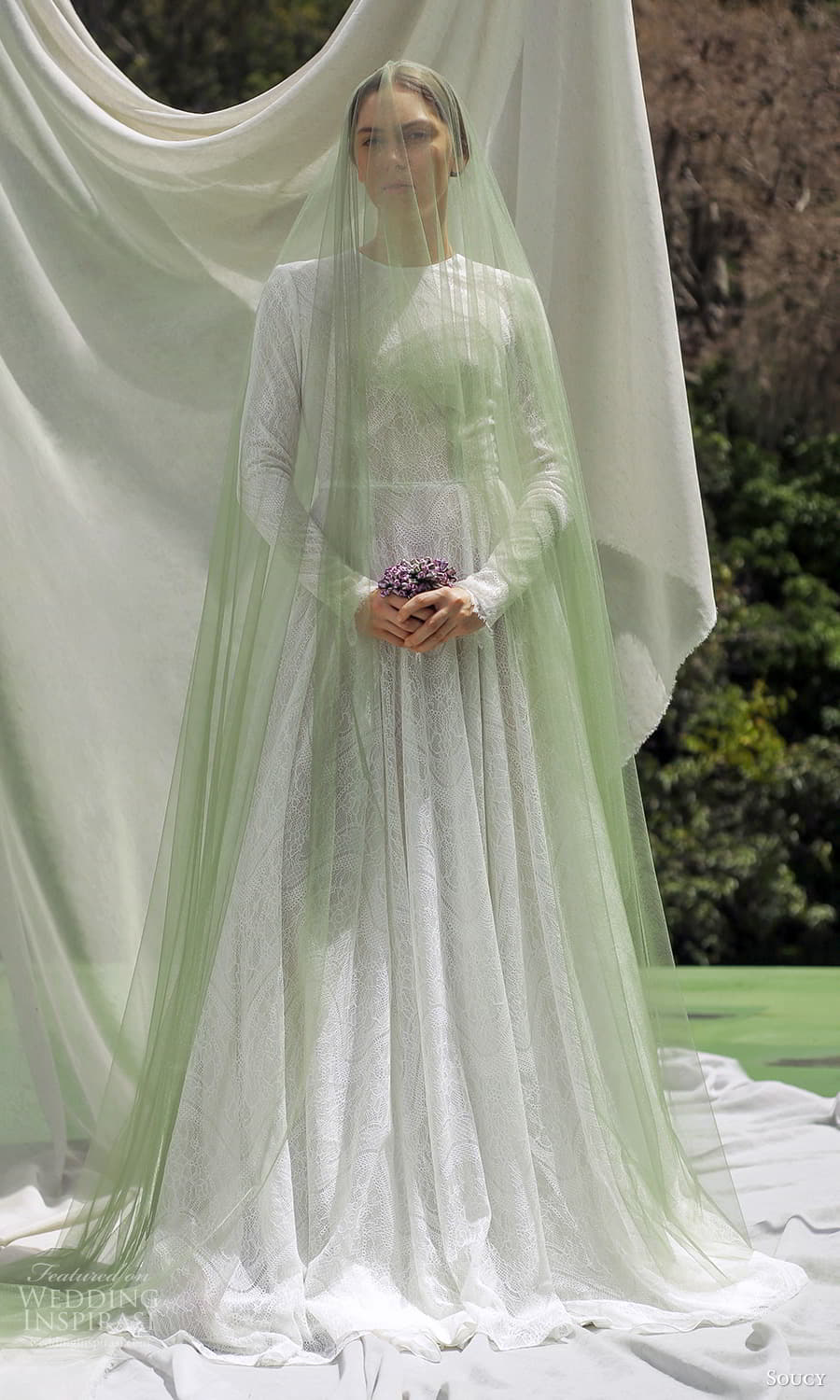 soucy 2024 bridal long sleeve jewel neckline textured a line modest wedding dress chapel train green veil (9) fv