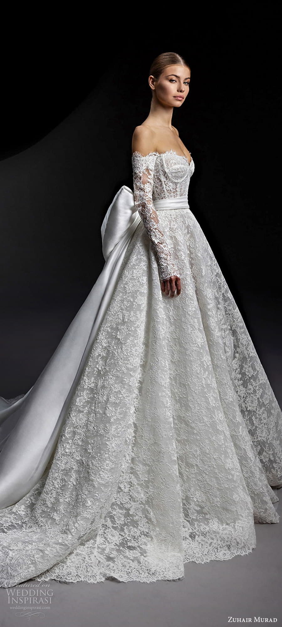 zuhair murad fall 2024 bridal detached sheer long sleeve strapless sweetheart neckline corset bodice embellished lace a line ball gown wedding dress chapel train (7) lv