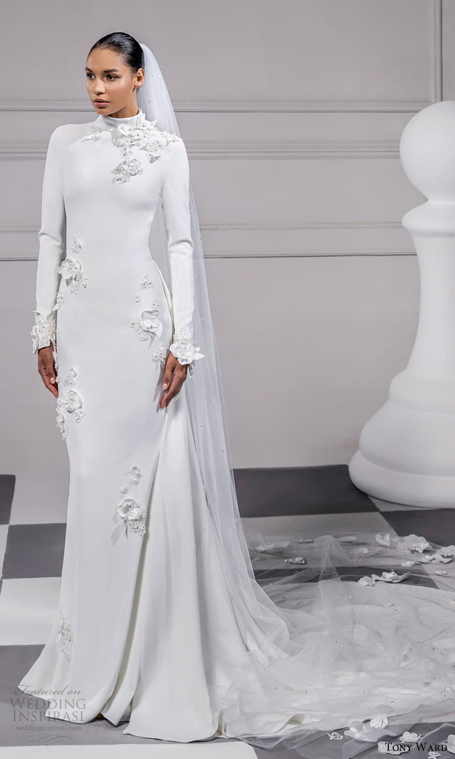 tony ward fall 2024 bridal long sleeve high neckline clean minimalist sheath wedding dress chapel train (5) mv