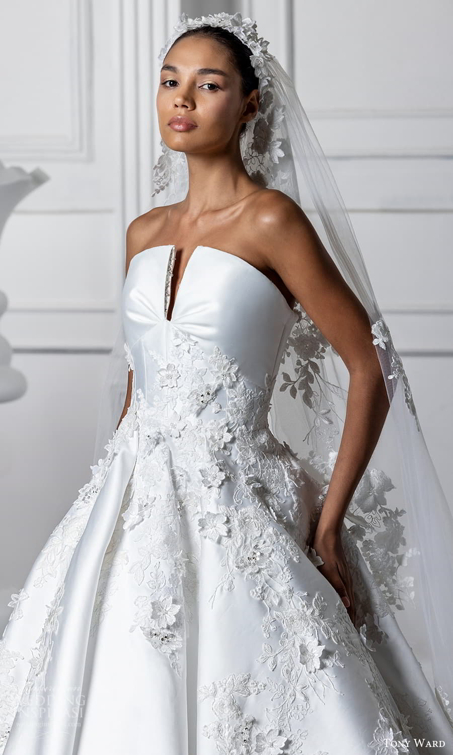 tony ward fall 2024 bridal strapless curved split neckline embellished ball gown wedding dress chapel train (8) zv