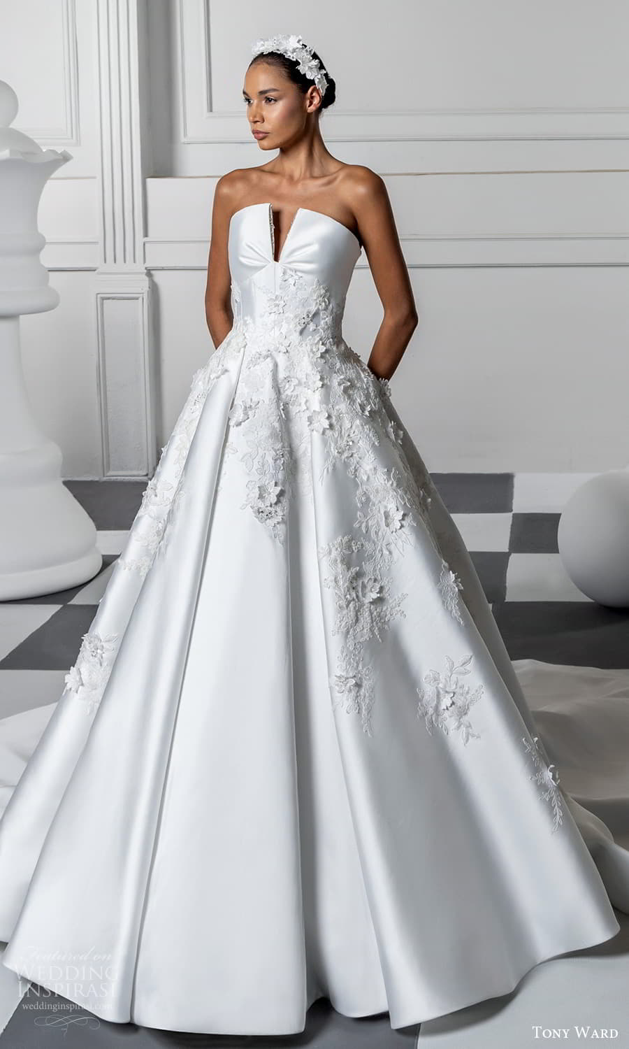 tony ward fall 2024 bridal strapless curved split neckline embellished ball gown wedding dress chapel train (8) mv