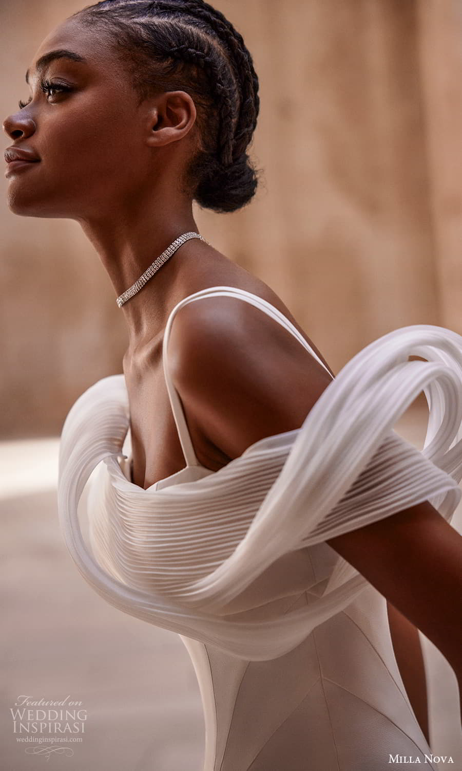 milla nova 2024 couture bridal off shoulder sleeve strap asymmetric neckline pleated bodice clean minimalist sheath wedding dress (4) zsv