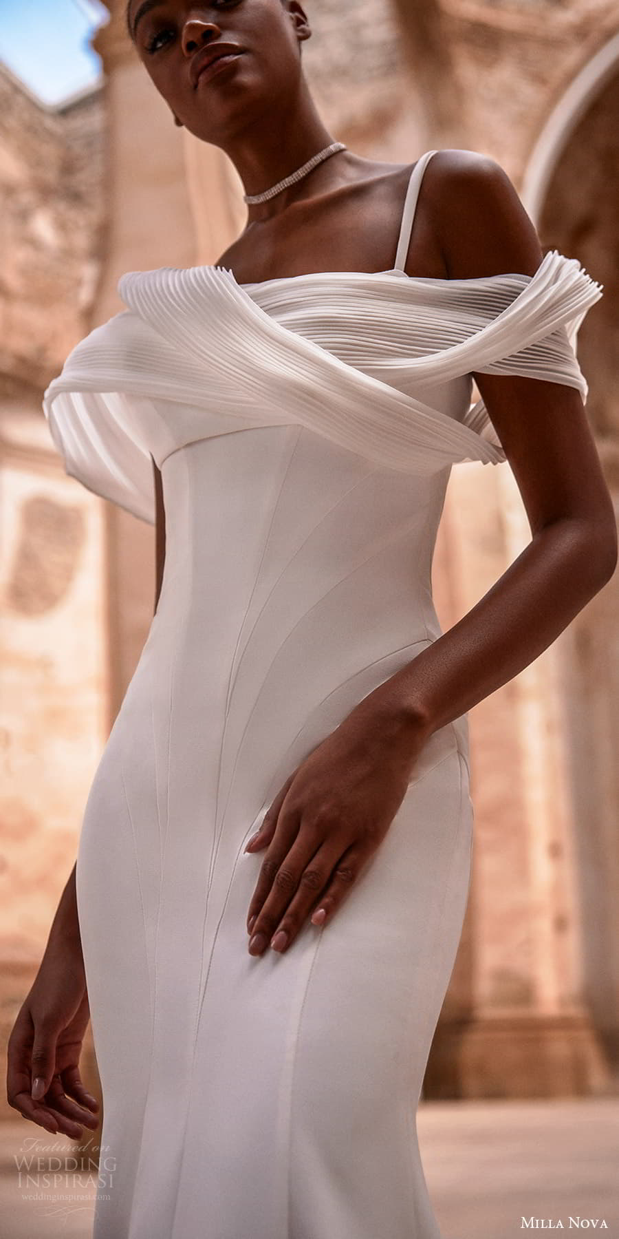 milla nova 2024 couture bridal off shoulder sleeve strap asymmetric neckline pleated bodice clean minimalist sheath wedding dress (4) mv