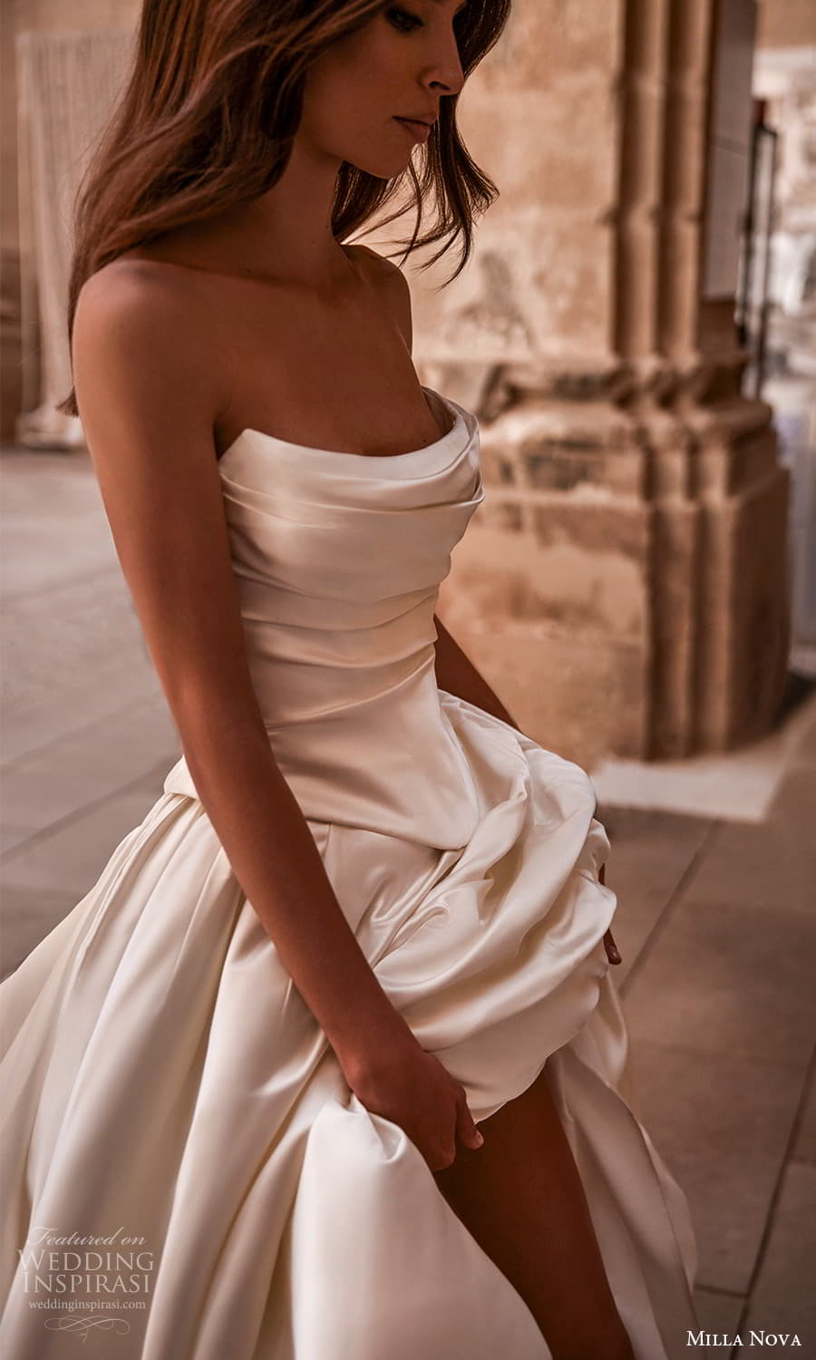 milla nova 2024 couture bridal strapless scoop neckline pleated bodice clean minimalist a line ball gown wedding dress chapel train (6) zv