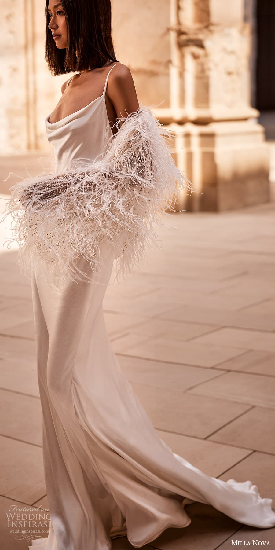 milla nova 2024 couture bridal sleeveless strap cowl neckline clean minimalist sheath wedding dress feather jacket chapel train (8) mv