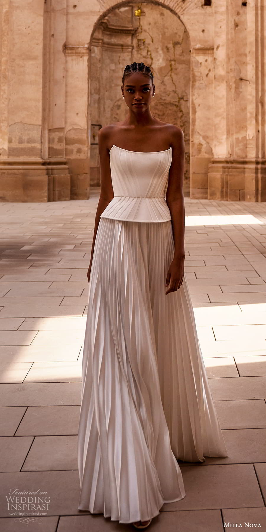 milla nova 2024 couture bridal strapless scoop neckline peplum corset bodice pleated skirt wedding dress sweep train (9) mv