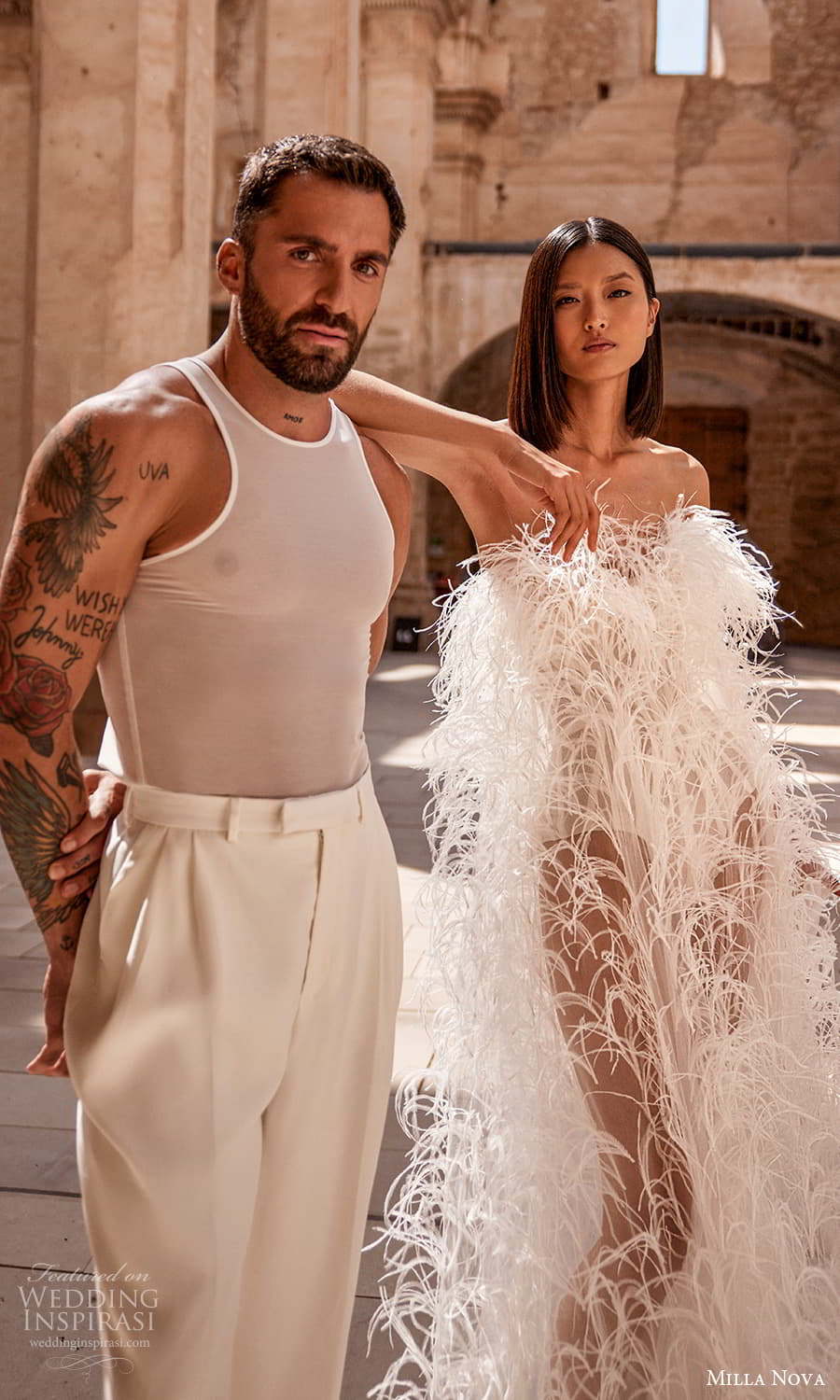 milla nova 2024 couture bridal strapless asymmetric neckline feather tent a line wedding dress chapel train (10) zv
