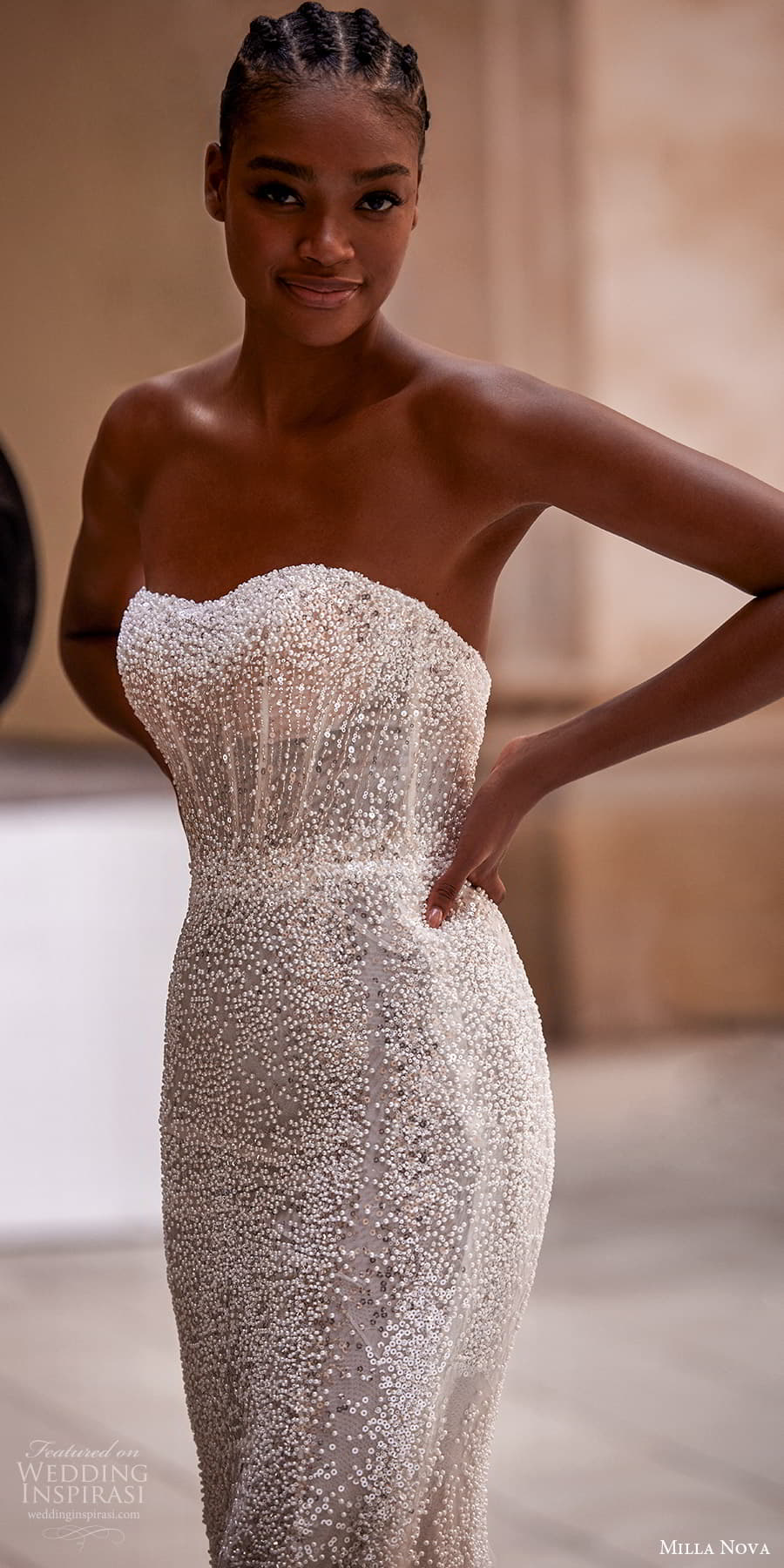 milla nova 2024 couture bridal strapless sweetheart neckline fully embellished sheath wedding dress chapel train (15) mv