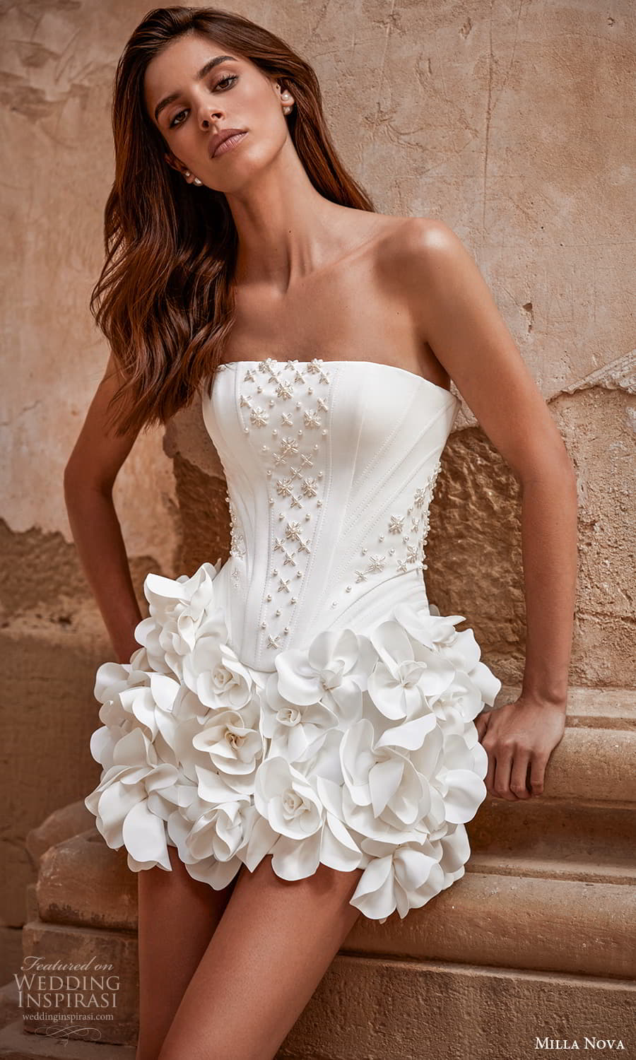 milla nova 2024 couture bridal strapless straight across neckline embellished short wedding dress (16) mv