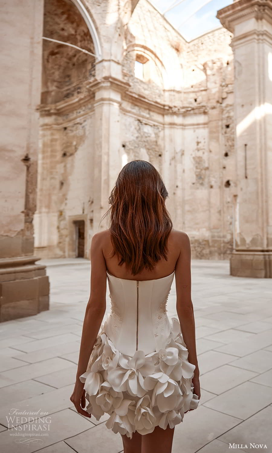 milla nova 2024 couture bridal strapless straight across neckline embellished short wedding dress (16) bv